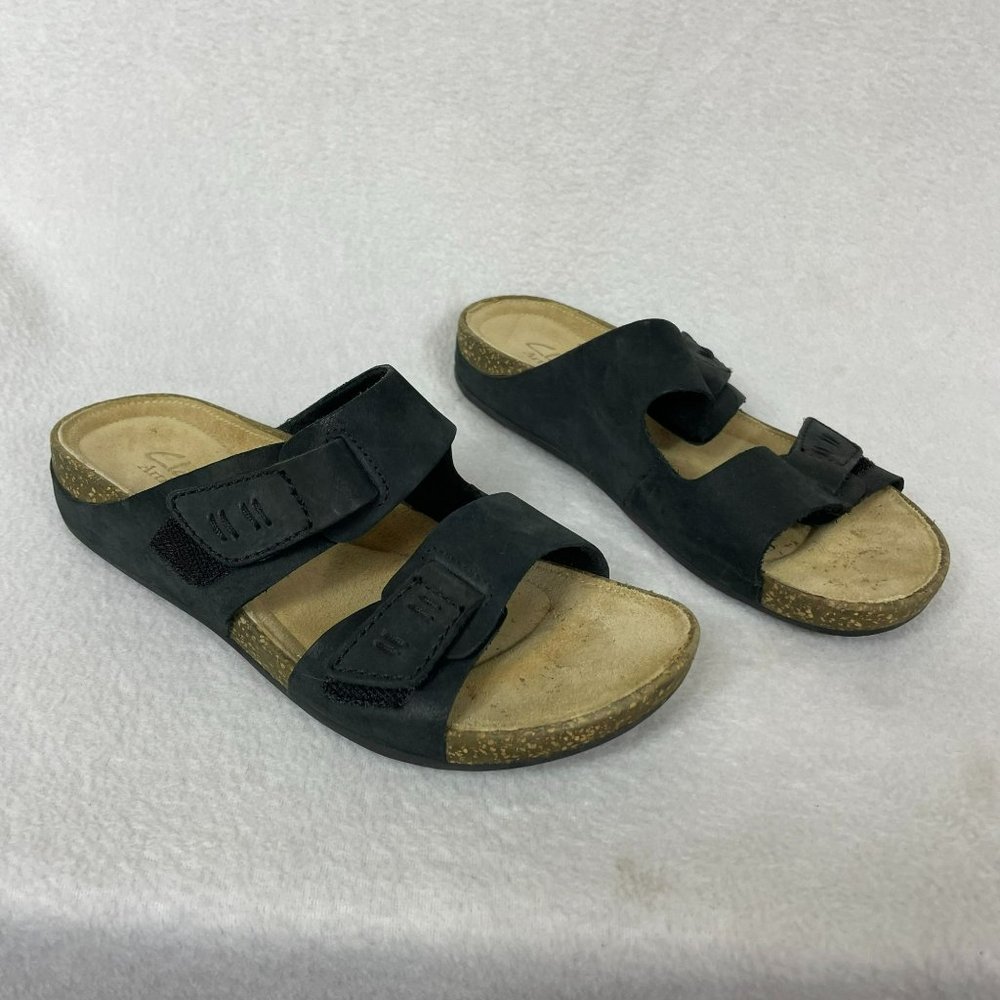 Clarks Artisan Perri Island Nubuck Sandals Size 6 Black Cork Effect Slip On